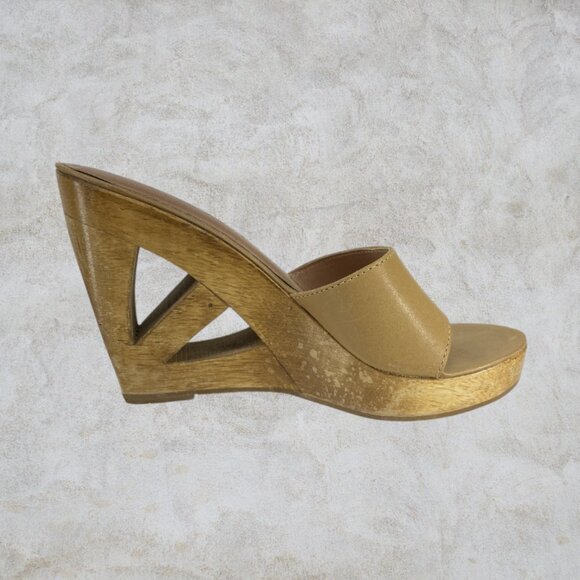 TWO LIPS -- Women’s Wedge Sandals, Extra High Wooden Heel, Cutout Design, Beige - Picture 3 of 8